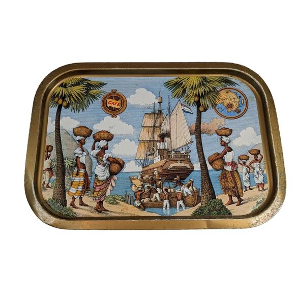 Vintage African Coffee Trade Tray Metal Figural Beautiful Colors Shipping Coffee